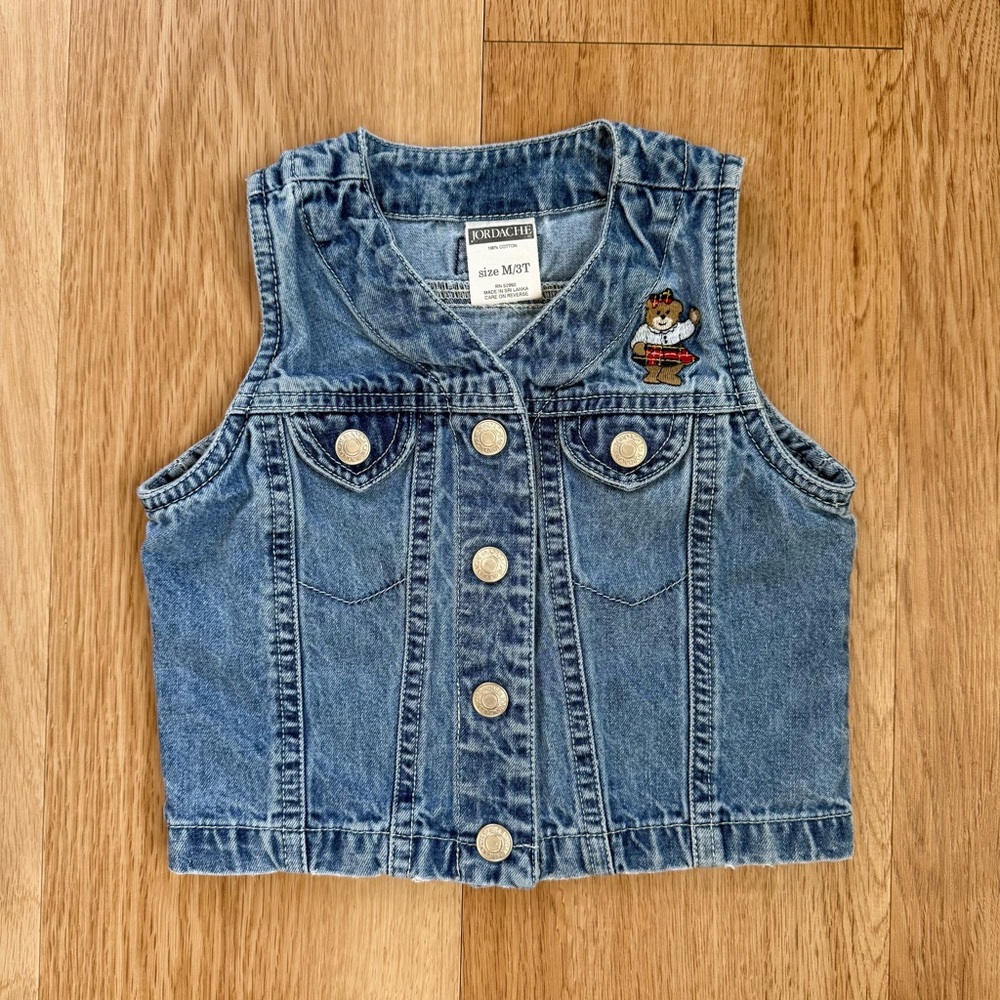 Vintage Jordache Denim Vest Blue Jean Embroidered Teddy Bear Toddler Size 3T
